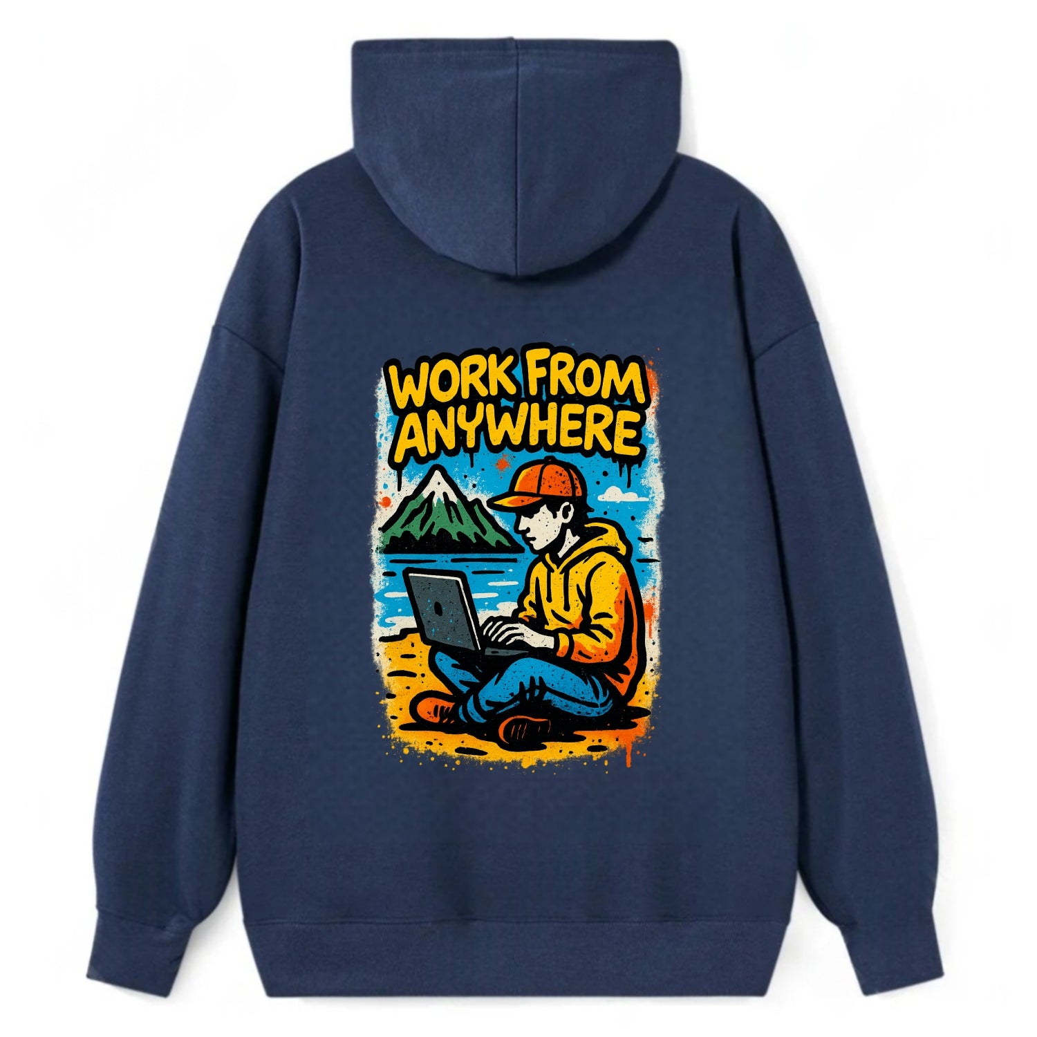 Digital nomad with laptop on beach/mountain - work from anywhere - Classic Pullover Hoodie - Navy