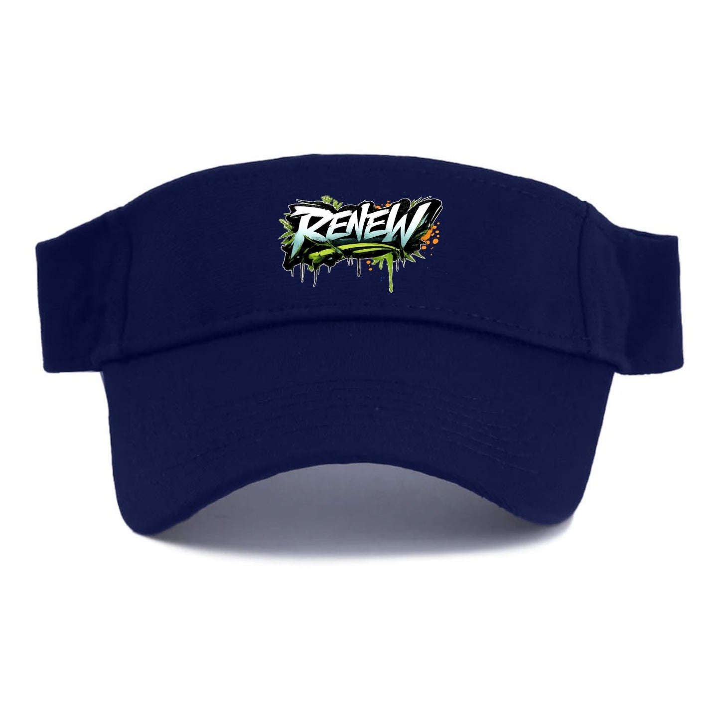 Bold typography design - "RENEW" - starting fresh, regenerating - Visor - Navy