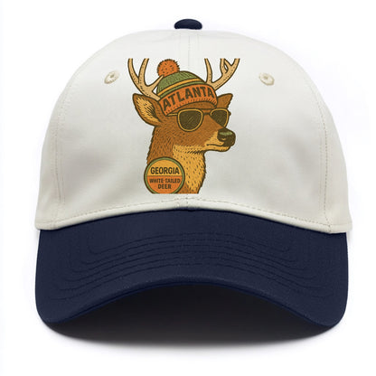 Georgia White-tailed Deer wearing Atlanta beanie with pom pom and wayfarer sunglasses - Two Tone Cap - Navy