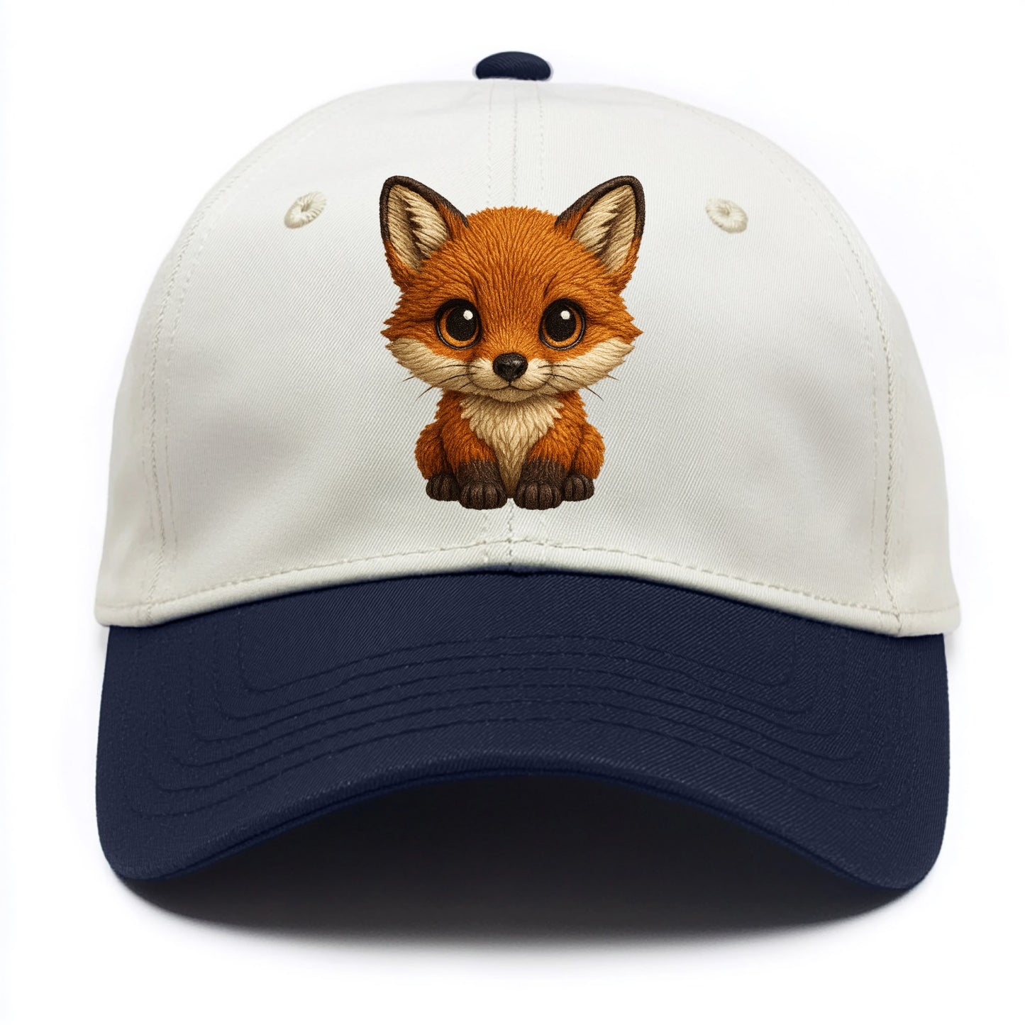 Baby Red Fox - russet fur, white chest, big amber eyes, perky ears, front-facing, - Two Tone Cap - Navy
