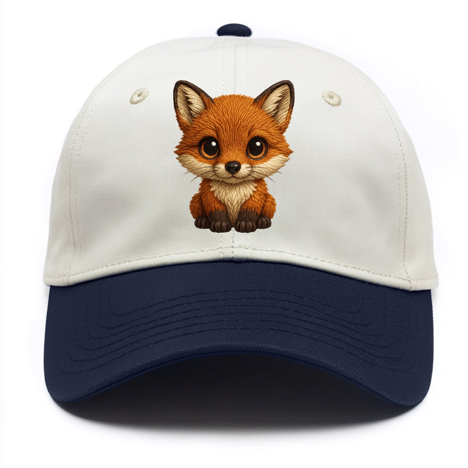 Baby Red Fox - russet fur, white chest, big amber eyes, perky ears, front-facing, - Two Tone Cap - Navy