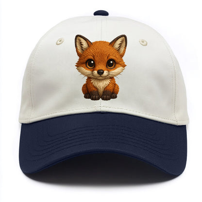 Baby Red Fox - russet fur, white chest, big amber eyes, perky ears, front-facing, - Two Tone Cap - Navy