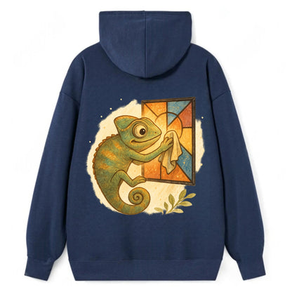 Chameleon blending into a stained-glass window it is polishing with - Classic Pullover Hoodie - Navy