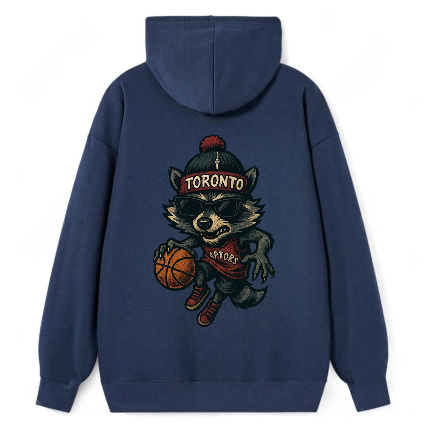 Toronto Raccoon wearing Raptors beanie with CN Tower patch and wayfarer - Classic Pullover Hoodie - Navy