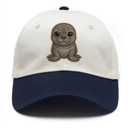 Baby Elephant Seal - gray wrinkly, tiny trunk nose, big dark eyes, front-facing, - Two Tone Cap - Navy