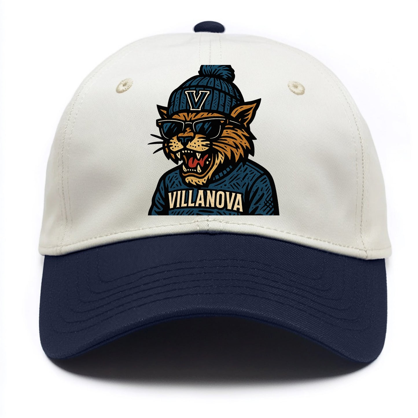 Villanova Wildcat wearing Villanova beanie with V patch - Two Tone Cap - Navy
