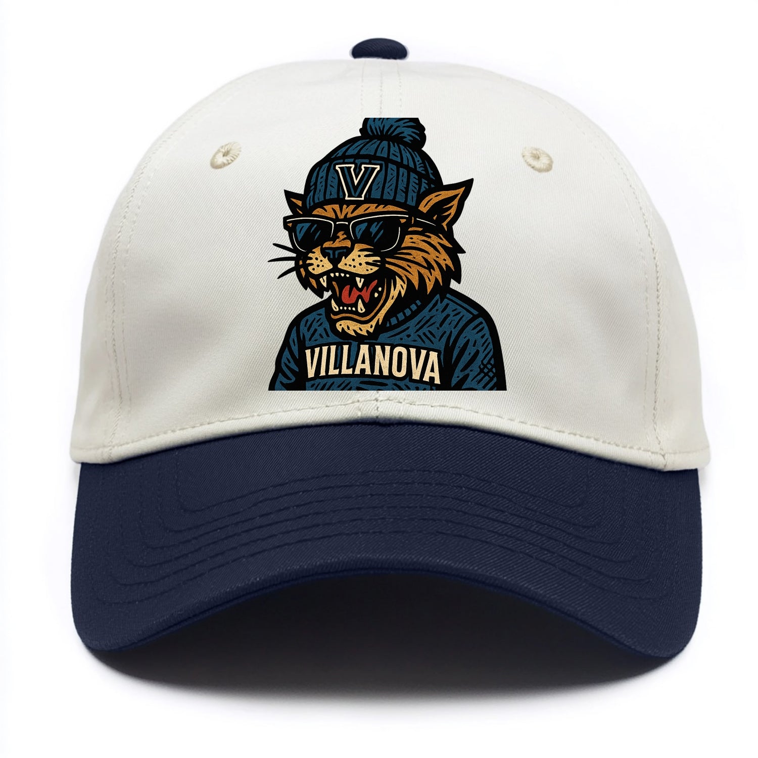 Villanova Wildcat wearing Villanova beanie with V patch - Two Tone Cap - Navy