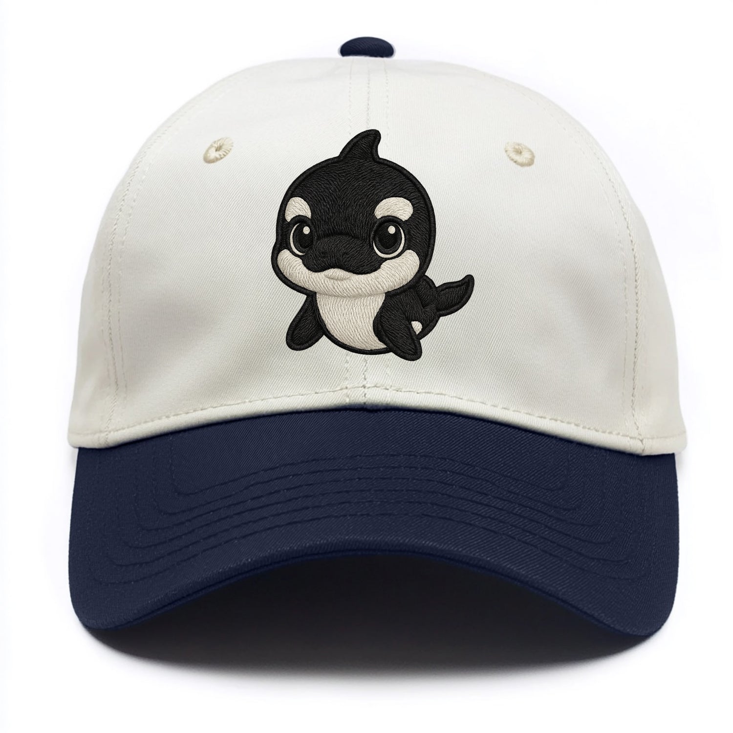 Baby Orca - black and white pattern, white eye patch, front-facing, curious and - Two Tone Cap - Navy