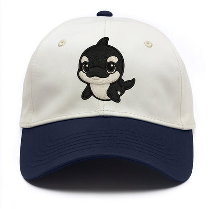 Baby Orca - black and white pattern, white eye patch, front-facing, curious and - Two Tone Cap - Navy