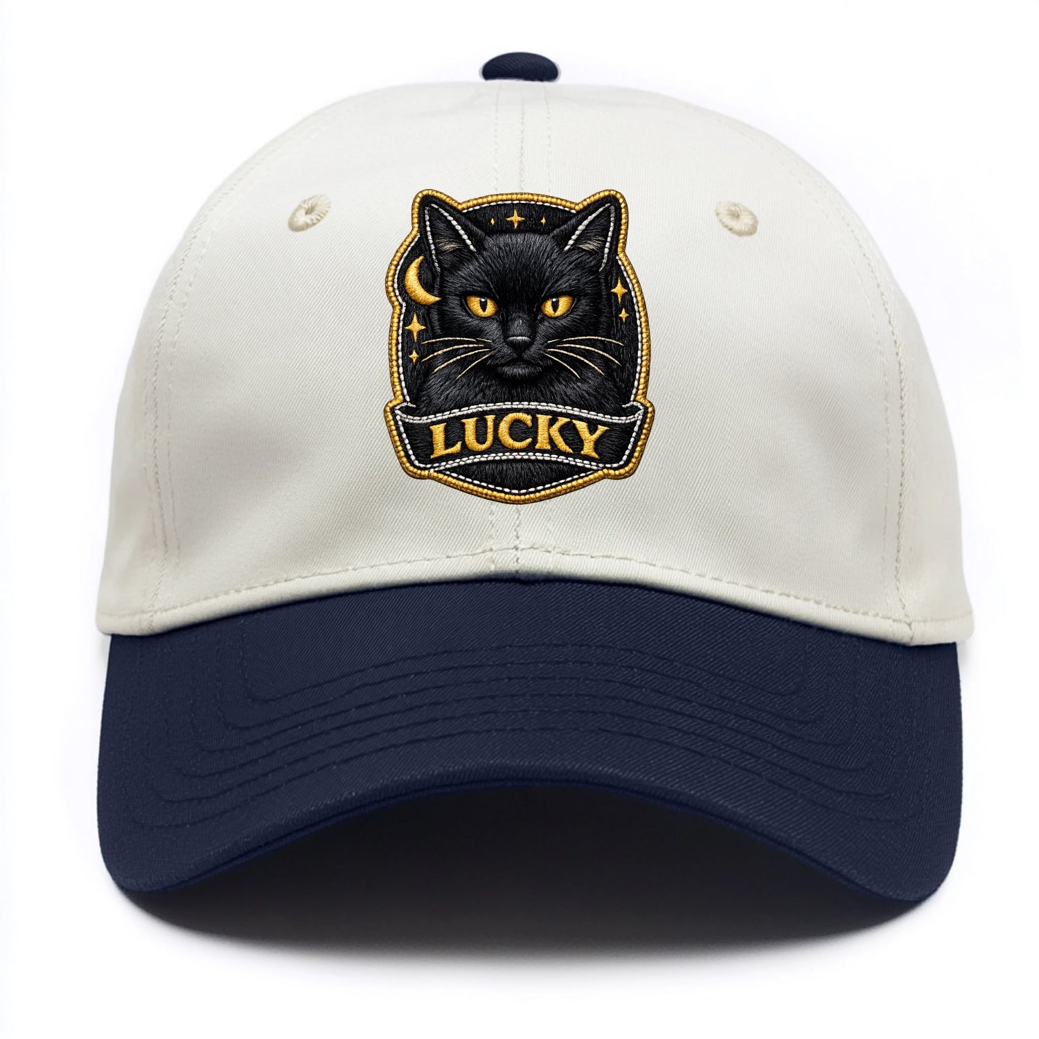 BLACK CAT LUCKY - sleek black cat with gold eyes in black , mysterious feline - Two Tone Cap - Navy