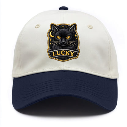 BLACK CAT LUCKY - sleek black cat with gold eyes in black , mysterious feline - Two Tone Cap - Navy