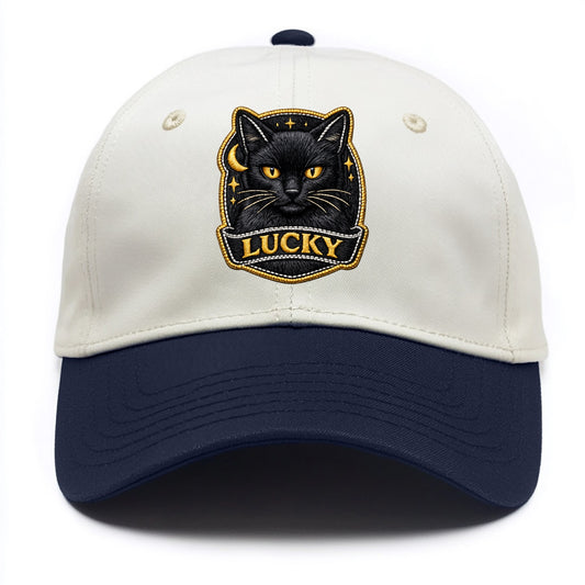 BLACK CAT LUCKY - sleek black cat with gold eyes in black , mysterious feline - Two Tone Cap - Navy