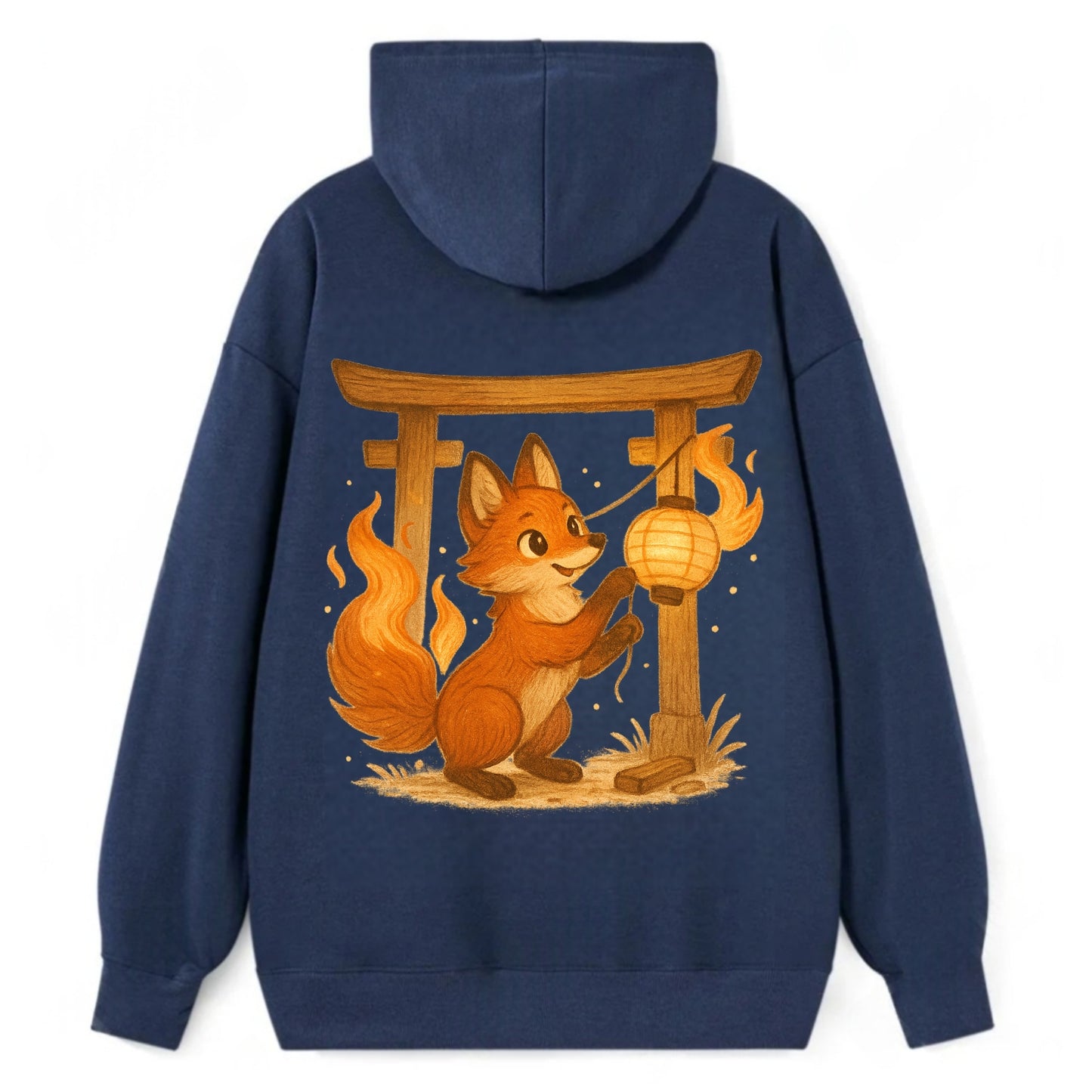 Foxfire kitsune stringing lanterns along a torii gate with tails of - Classic Pullover Hoodie - Navy