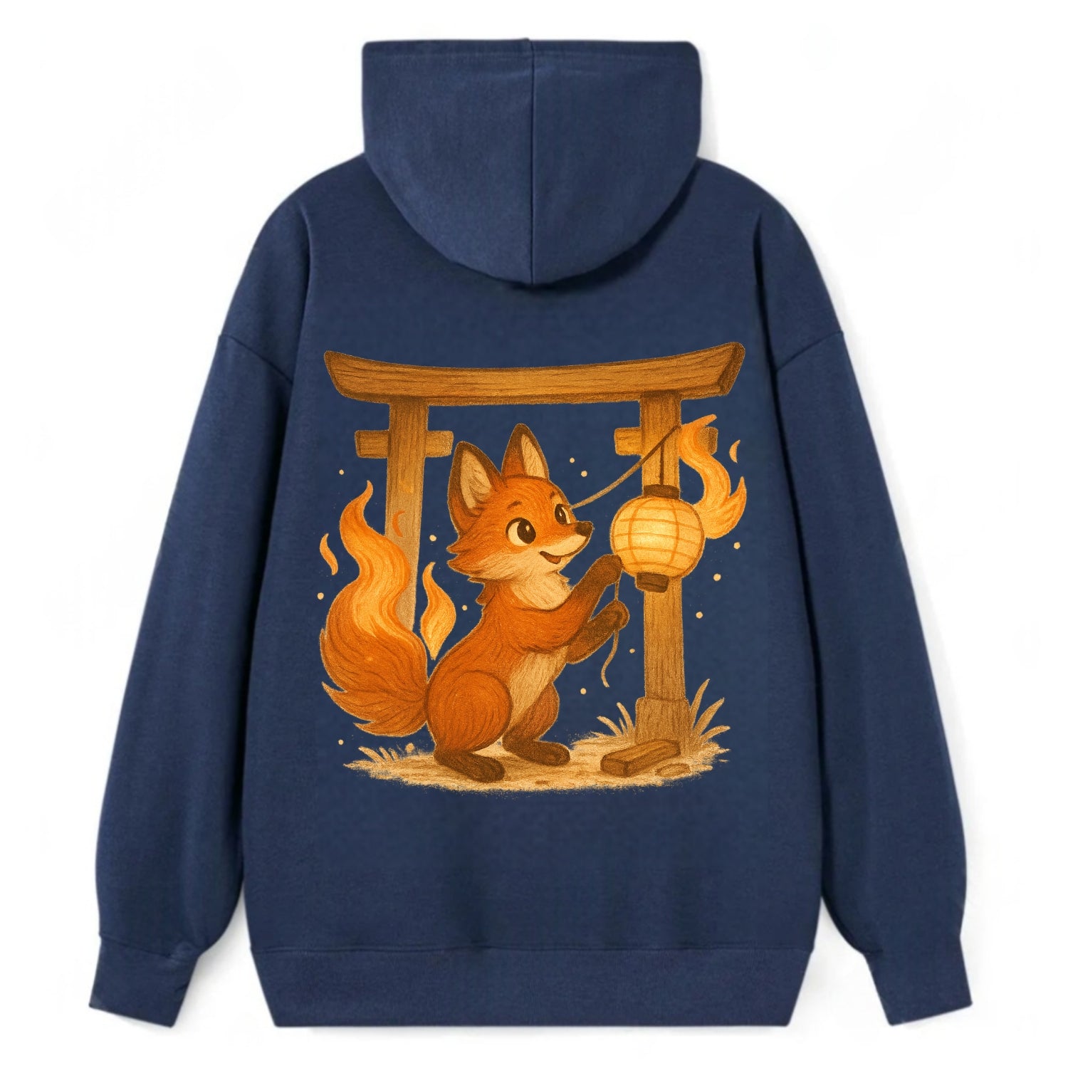 Foxfire kitsune stringing lanterns along a torii gate with tails of - Classic Pullover Hoodie - Navy