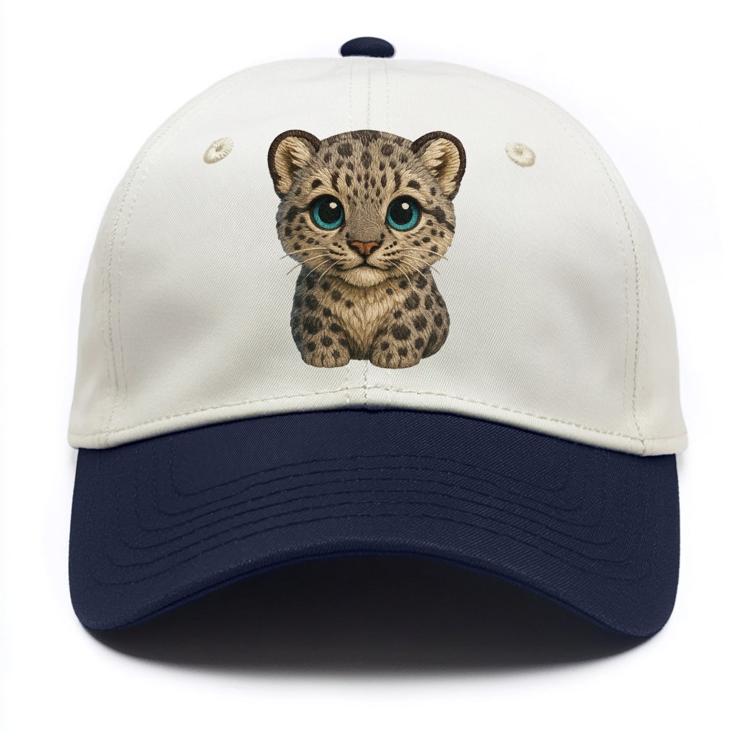 Baby Snow Leopard Cub - gray spotted, thick fur, blue-green eyes, front-facing, - Two Tone Cap - Navy