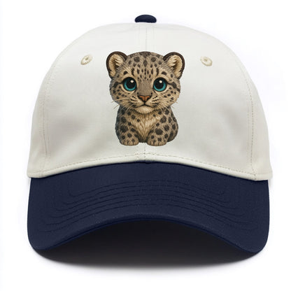 Baby Snow Leopard Cub - gray spotted, thick fur, blue-green eyes, front-facing, - Two Tone Cap - Navy
