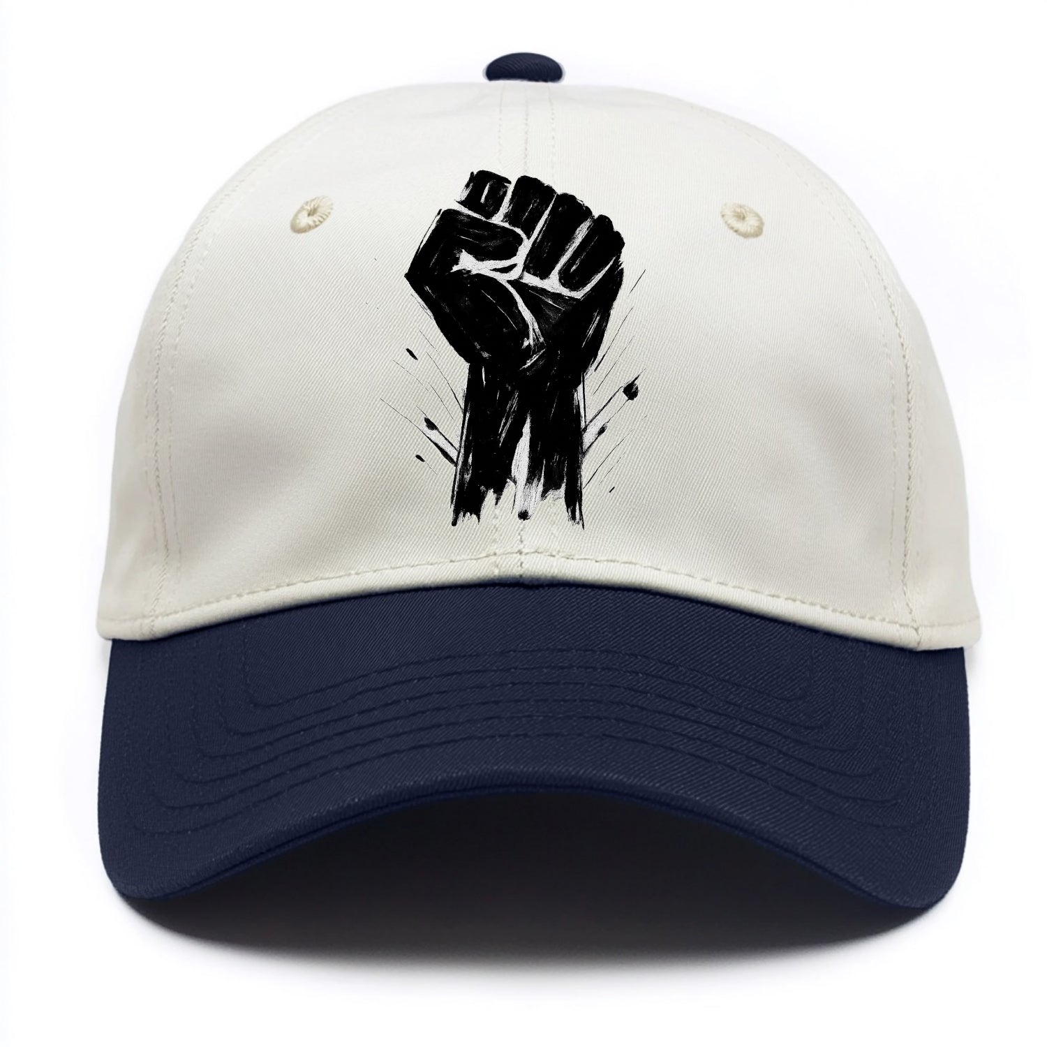 Raised fist in bold black ink brushstrokes - symbol of solidarity and resistance - Two Tone Cap - Navy