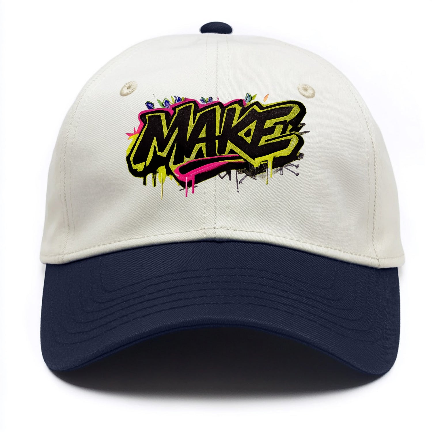 Bold typography design - "MAKE" - creating, producing, doing - Two Tone Cap - Navy