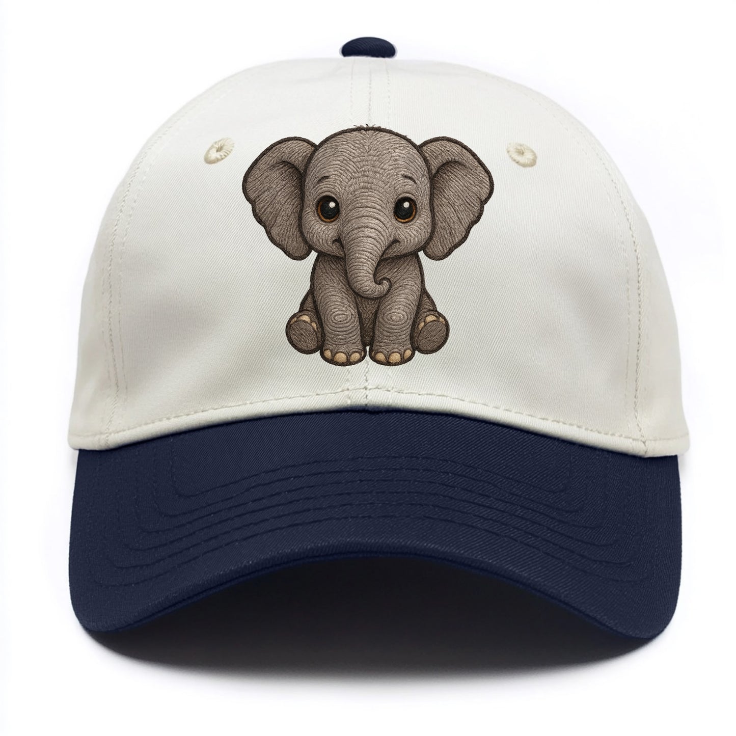 Baby Elephant - gray wrinkly, tiny trunk, large floppy ears, kind dark eyes, - Two Tone Cap - Navy