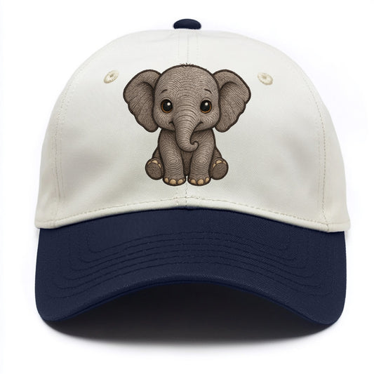 Baby Elephant - gray wrinkly, tiny trunk, large floppy ears, kind dark eyes, - Two Tone Cap - Navy