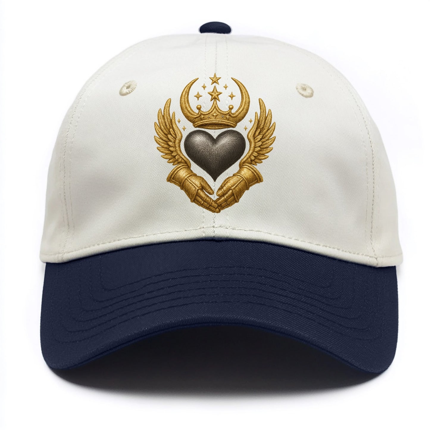 Nordic knotwork crown supporting a frosted steel heart with mittened hands - Two Tone Cap - Navy