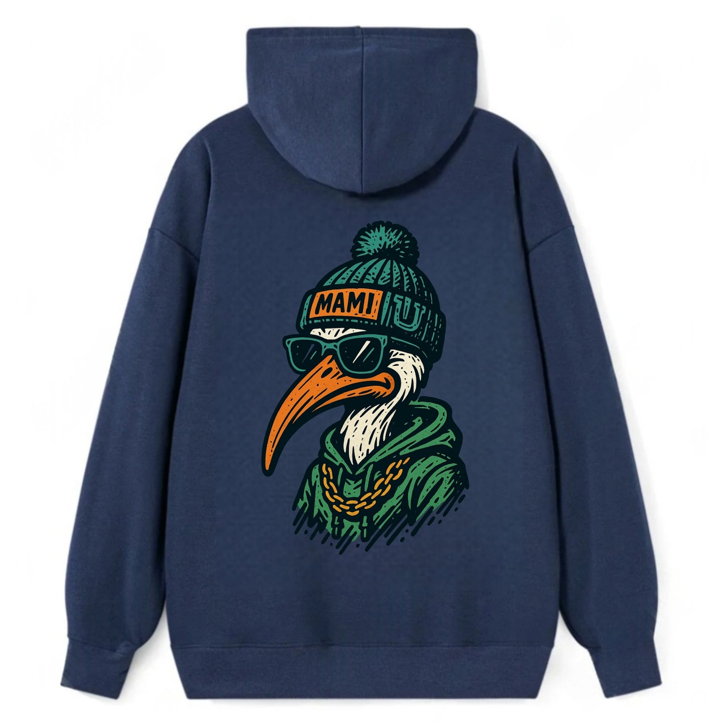 Coral Gables Ibis wearing Miami beanie with U patch - Classic Pullover Hoodie - Navy