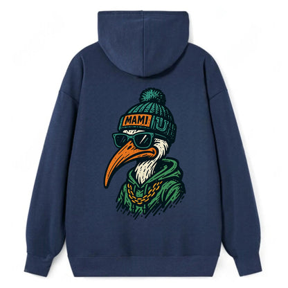 Coral Gables Ibis wearing Miami beanie with U patch - Classic Pullover Hoodie - Navy