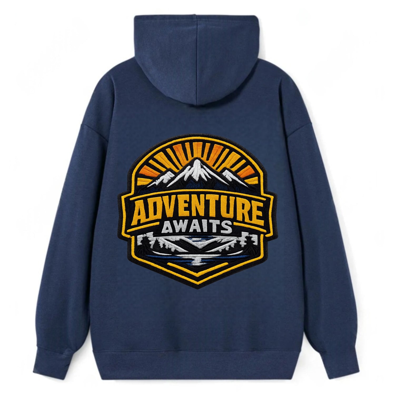 ADVENTURE AWAITS - mountain sunrise with text in gold and blue , - Classic Pullover Hoodie - Navy