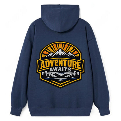 ADVENTURE AWAITS - mountain sunrise with text in gold and blue , - Classic Pullover Hoodie - Navy