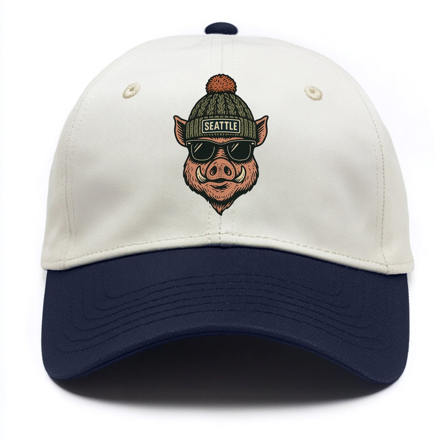 Washington Hog wearing Seattle beanie with pom pom and wayfarer sunglasses - Two Tone Cap - Navy