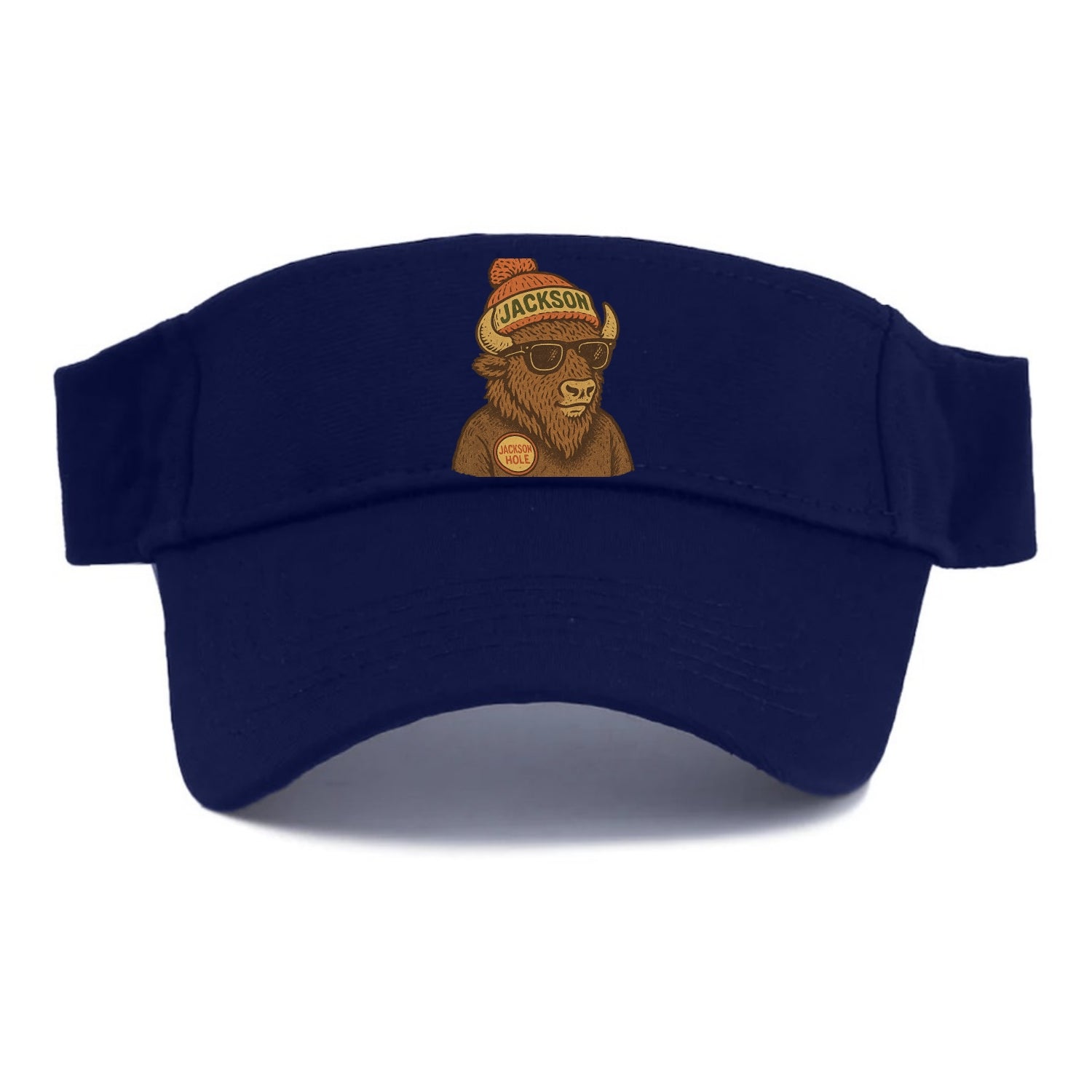 Jackson Hole Bison wearing Jackson beanie with pom pom and wayfarer sunglasses - Visor - Navy