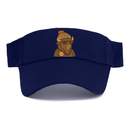 Jackson Hole Bison wearing Jackson beanie with pom pom and wayfarer sunglasses - Visor - Navy