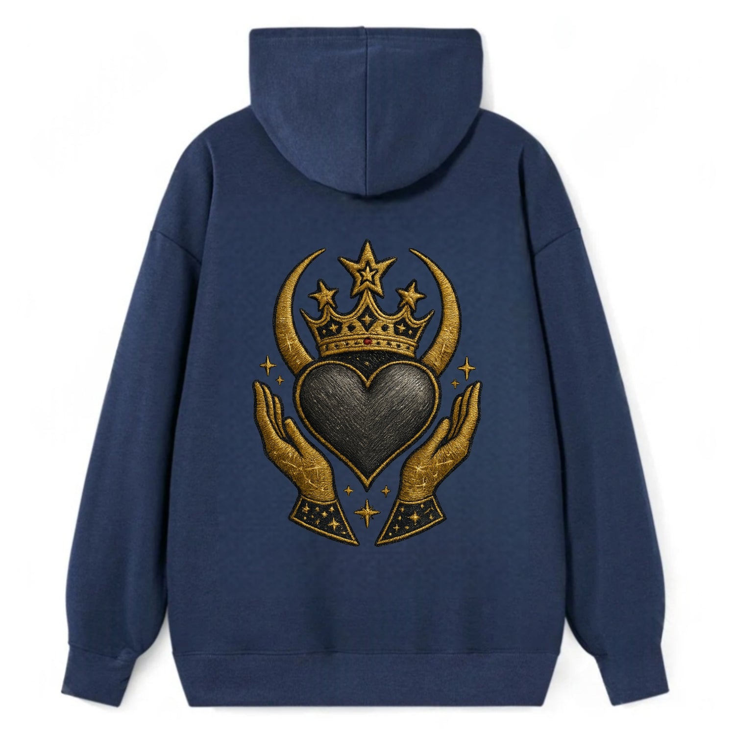 Celtic knot crown with woven strands merging into copper hands shielding - Classic Pullover Hoodie - Navy