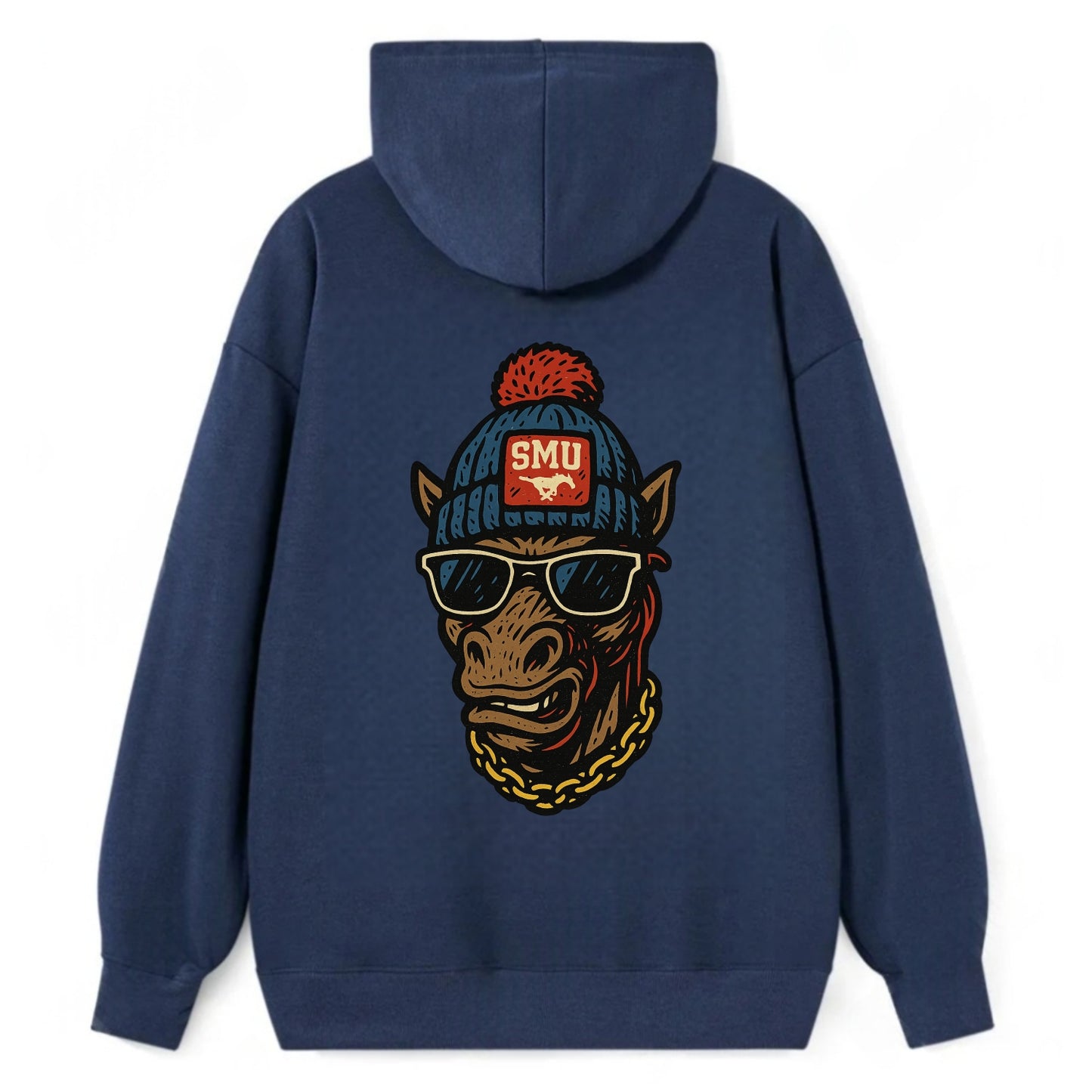 Dallas Mustang wearing SMU beanie with pony patch - Classic Pullover Hoodie - Navy