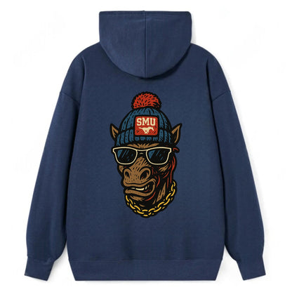 Dallas Mustang wearing SMU beanie with pony patch - Classic Pullover Hoodie - Navy