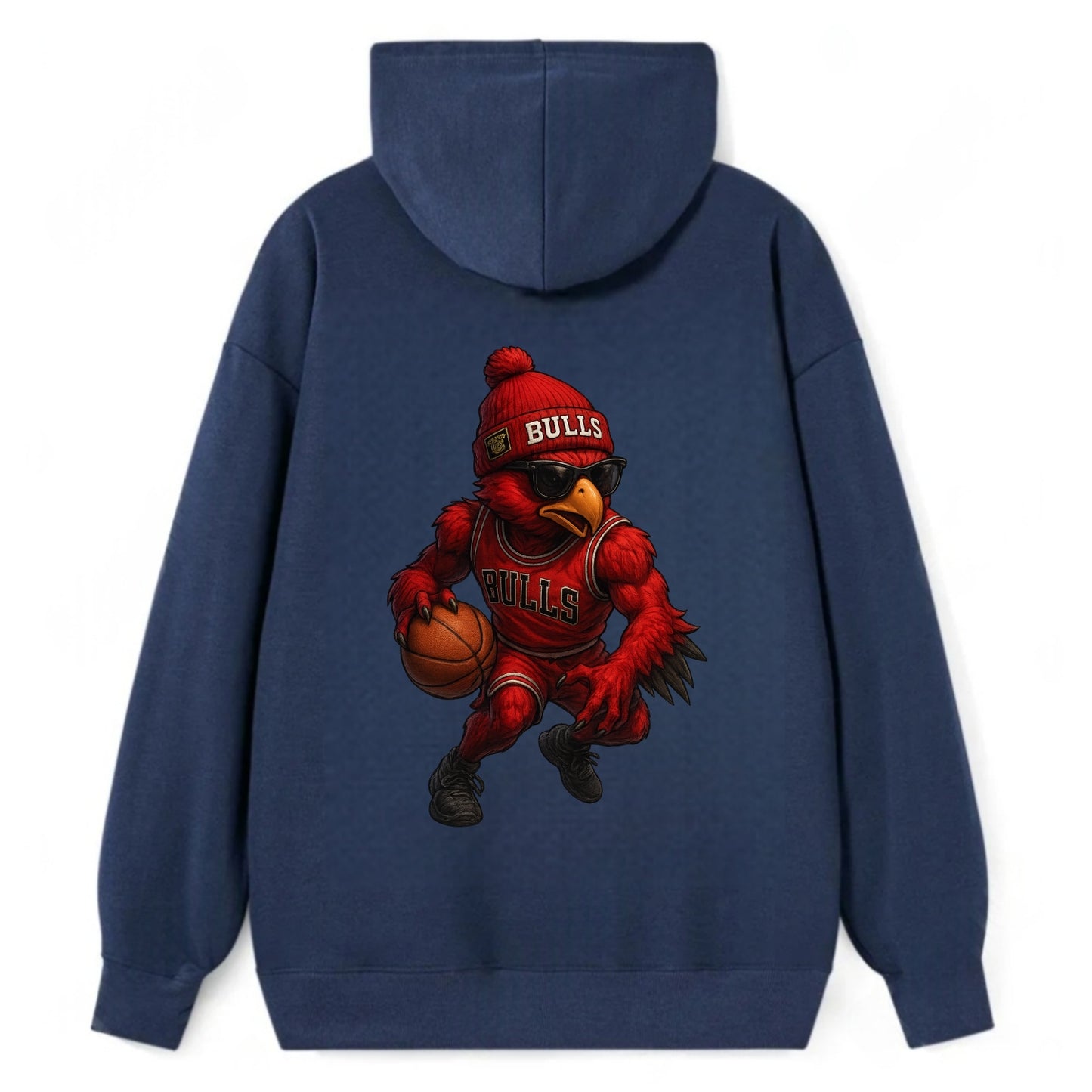 Windy City Hawk wearing Bulls beanie with six rings patch and wayfarer - Classic Pullover Hoodie - Navy