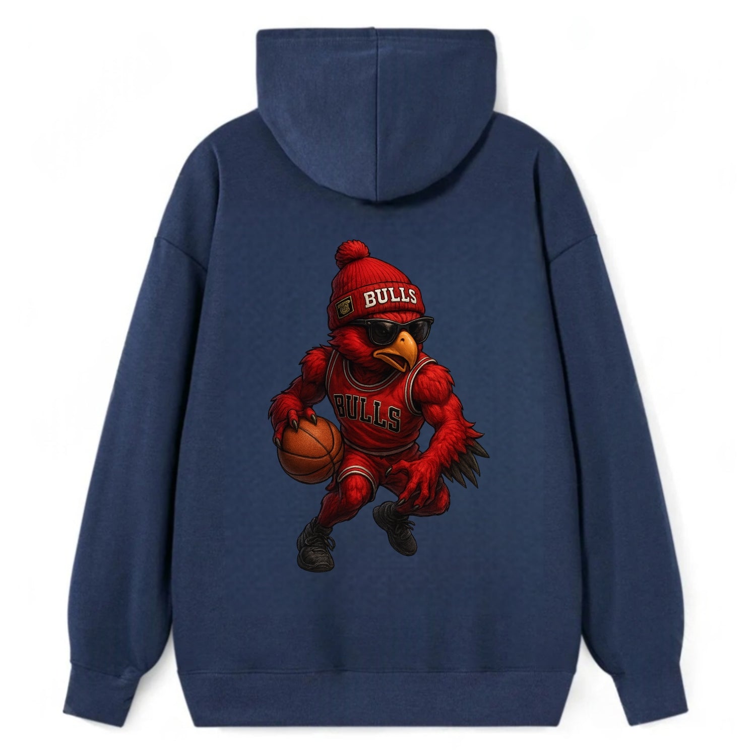 Windy City Hawk wearing Bulls beanie with six rings patch and wayfarer - Classic Pullover Hoodie - Navy