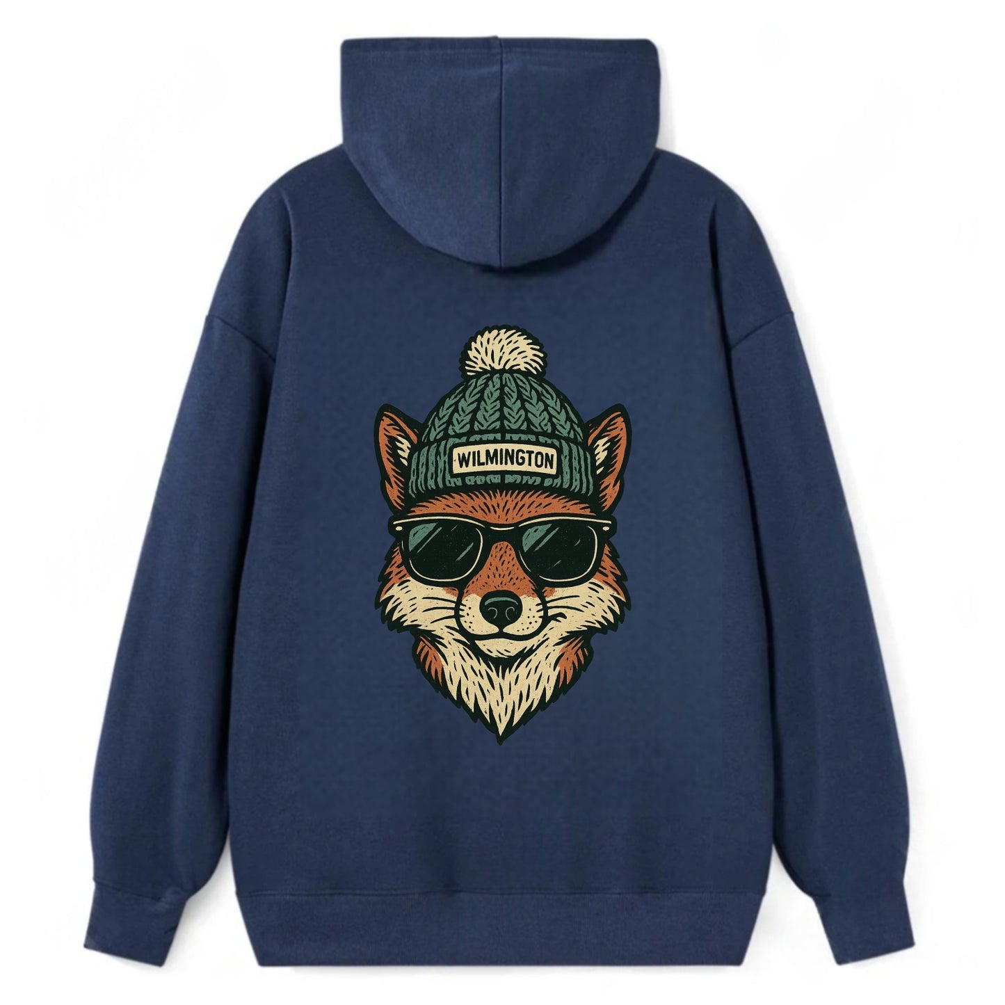 Delaware Gray Fox wearing Wilmington beanie with pom pom and wayfarer - Classic Pullover Hoodie - Navy