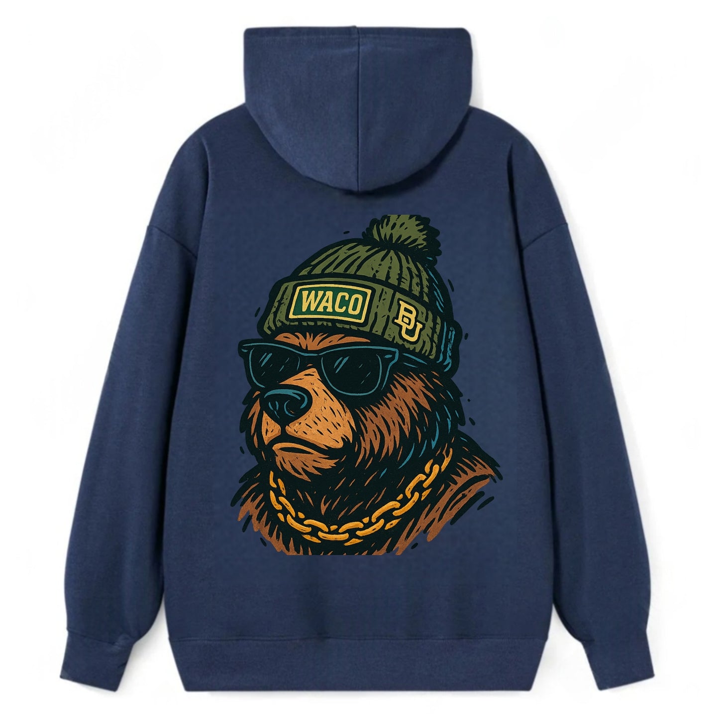 Waco Bear wearing Baylor beanie with BU patch - Classic Pullover Hoodie - Navy