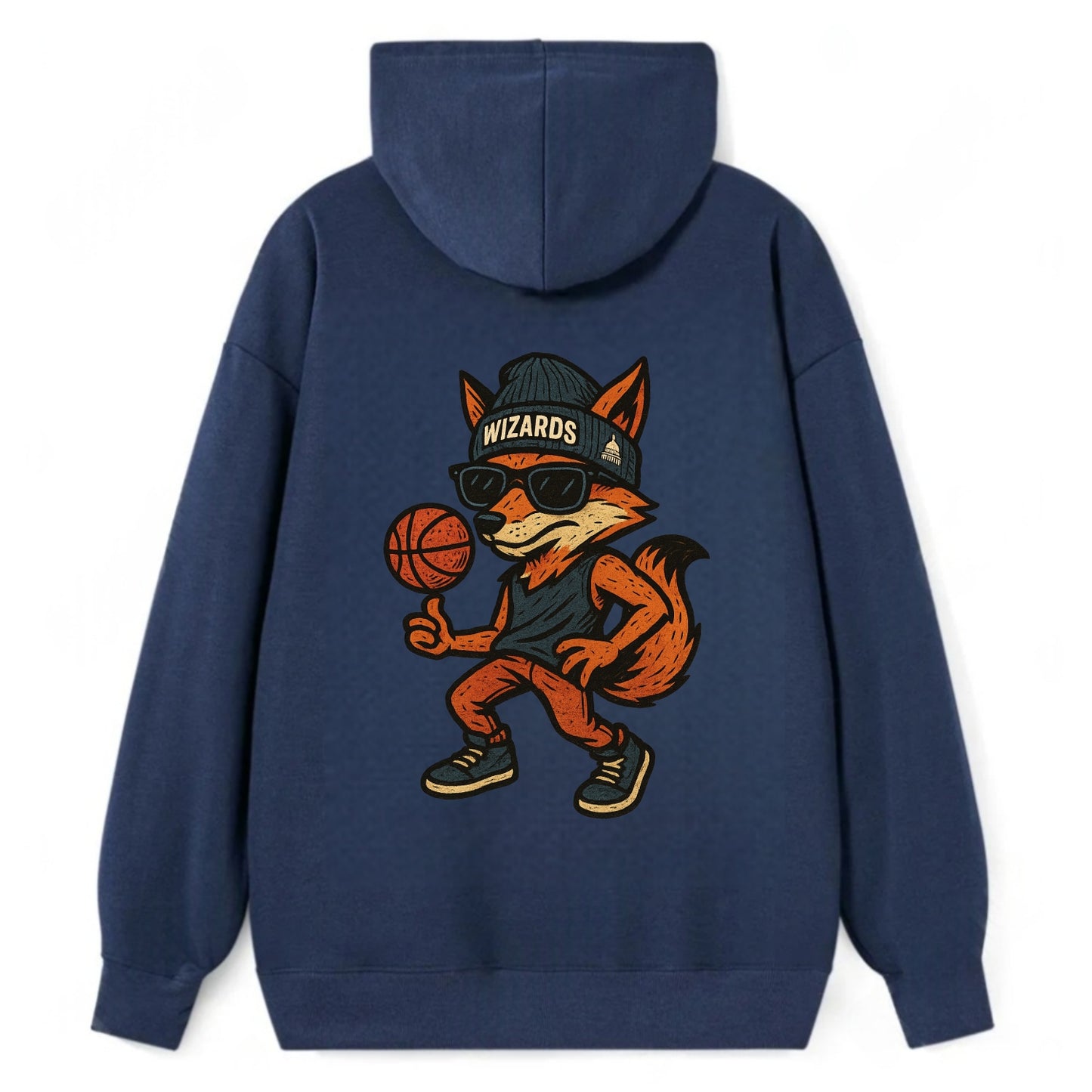 Washington Fox wearing Wizards beanie with capitol patch and wayfarer - Classic Pullover Hoodie - Navy