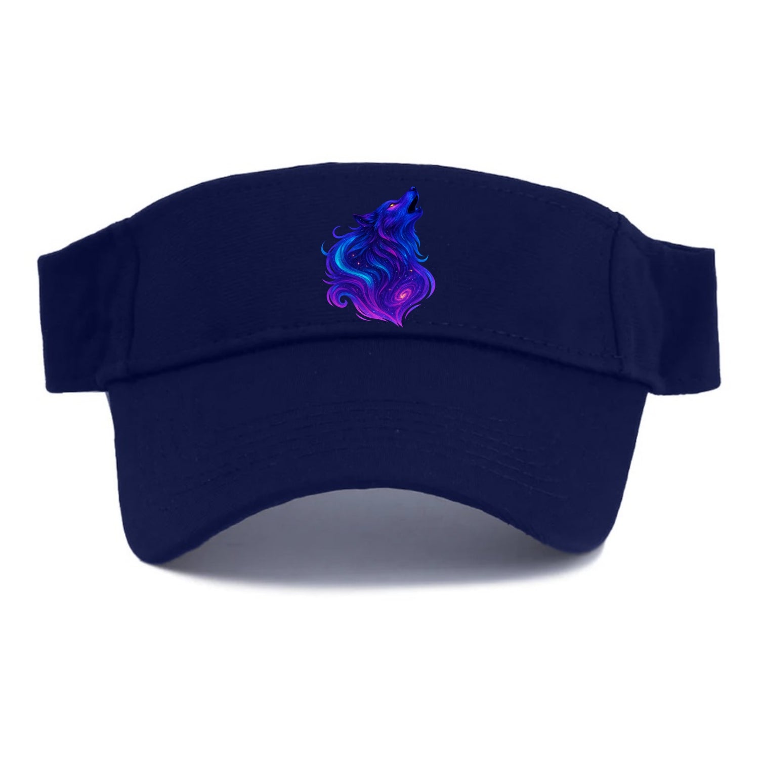 Noble wolf with flowing fur that transforms into aurora borealis streams, cyan and magenta - Visor - Navy