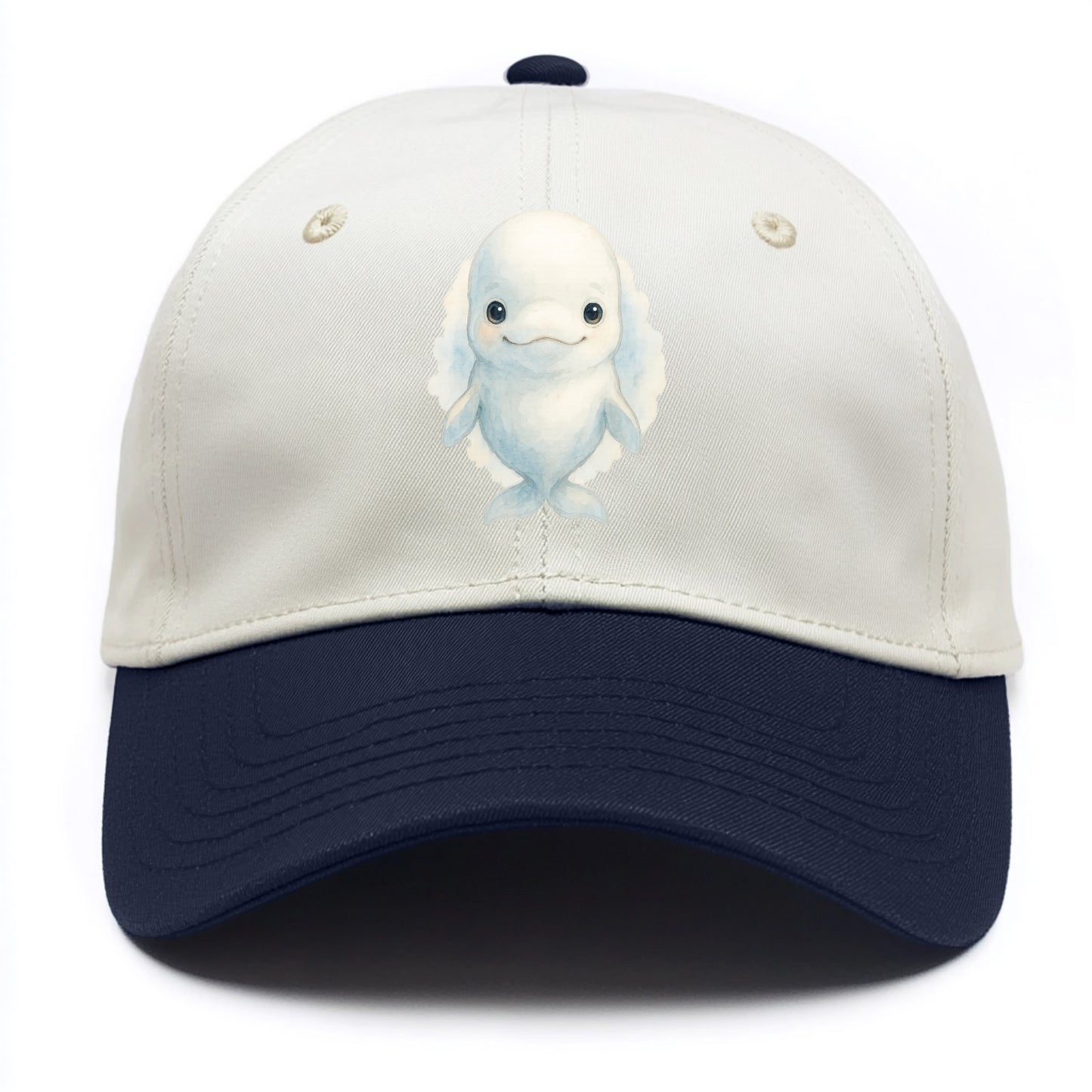 Baby Beluga Whale - pure white, rounded forehead, small eyes with big personality, - Two Tone Cap - Navy