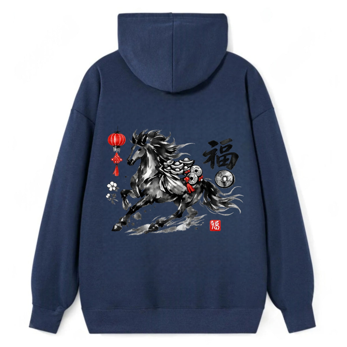 PROSPERITY HORSE | Horse carrying gold ingots and coins | Chinese knot - Classic Pullover Hoodie - Navy