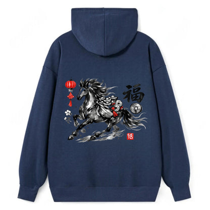 PROSPERITY HORSE | Horse carrying gold ingots and coins | Chinese knot - Classic Pullover Hoodie - Navy