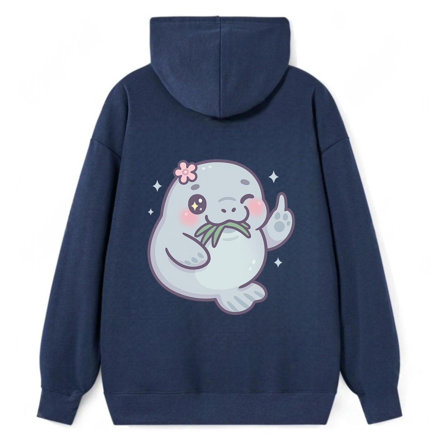 chubby manatee munching on seagrass, one flipper raised with sass - Classic Pullover Hoodie - Navy