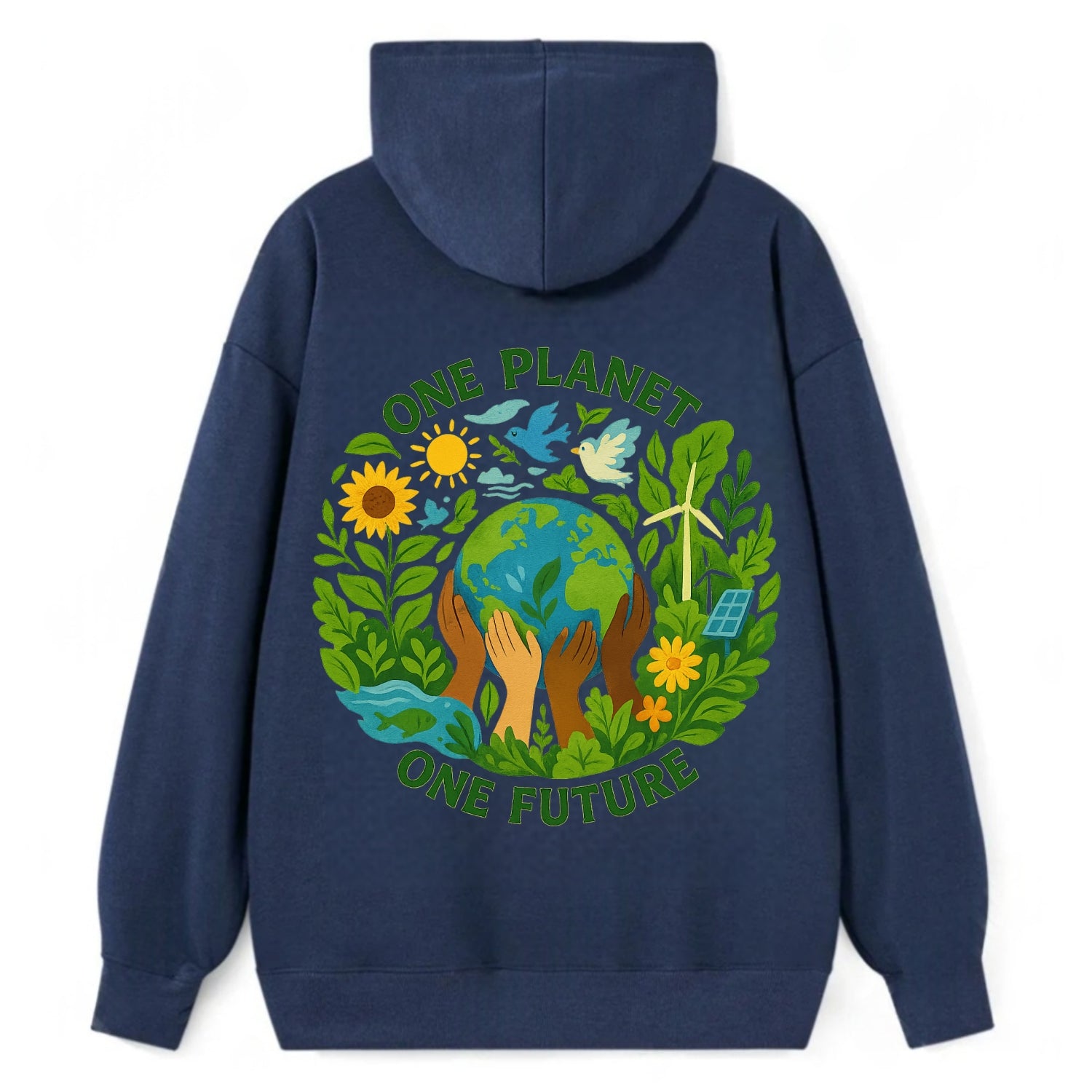 Globe surrounded by hands of all colors working together - "One Planet, - Classic Pullover Hoodie - Navy