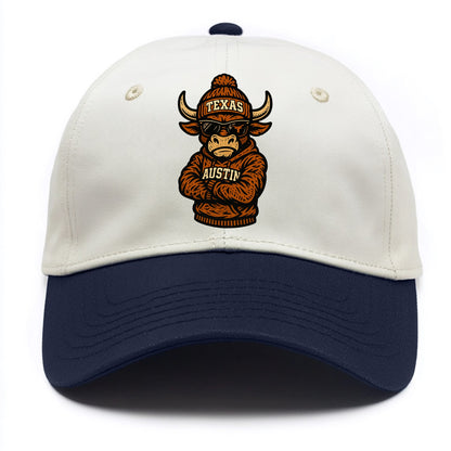 Austin Bevo wearing Texas beanie with longhorn patch - Two Tone Cap - Navy