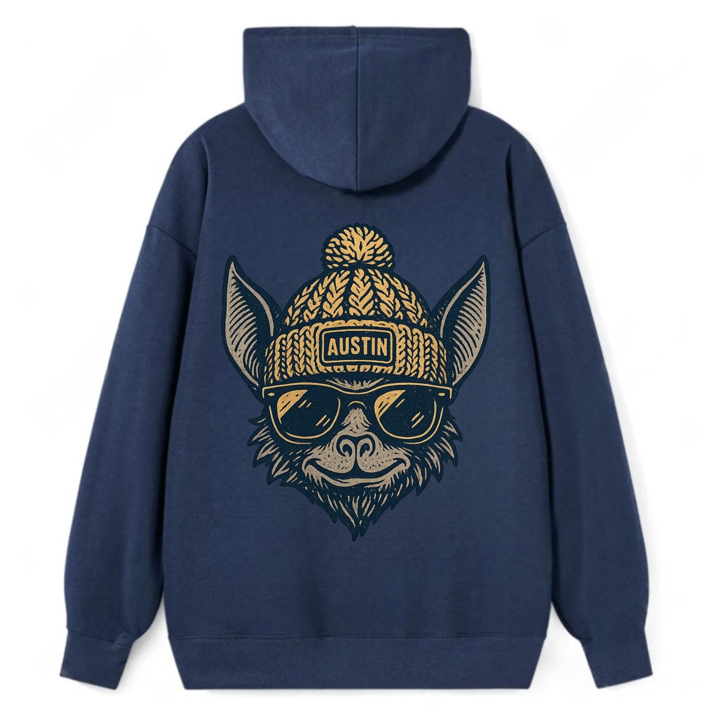 Austin Bat wearing Austin beanie with pom pom and wayfarer sunglasses - Classic Pullover Hoodie - Navy