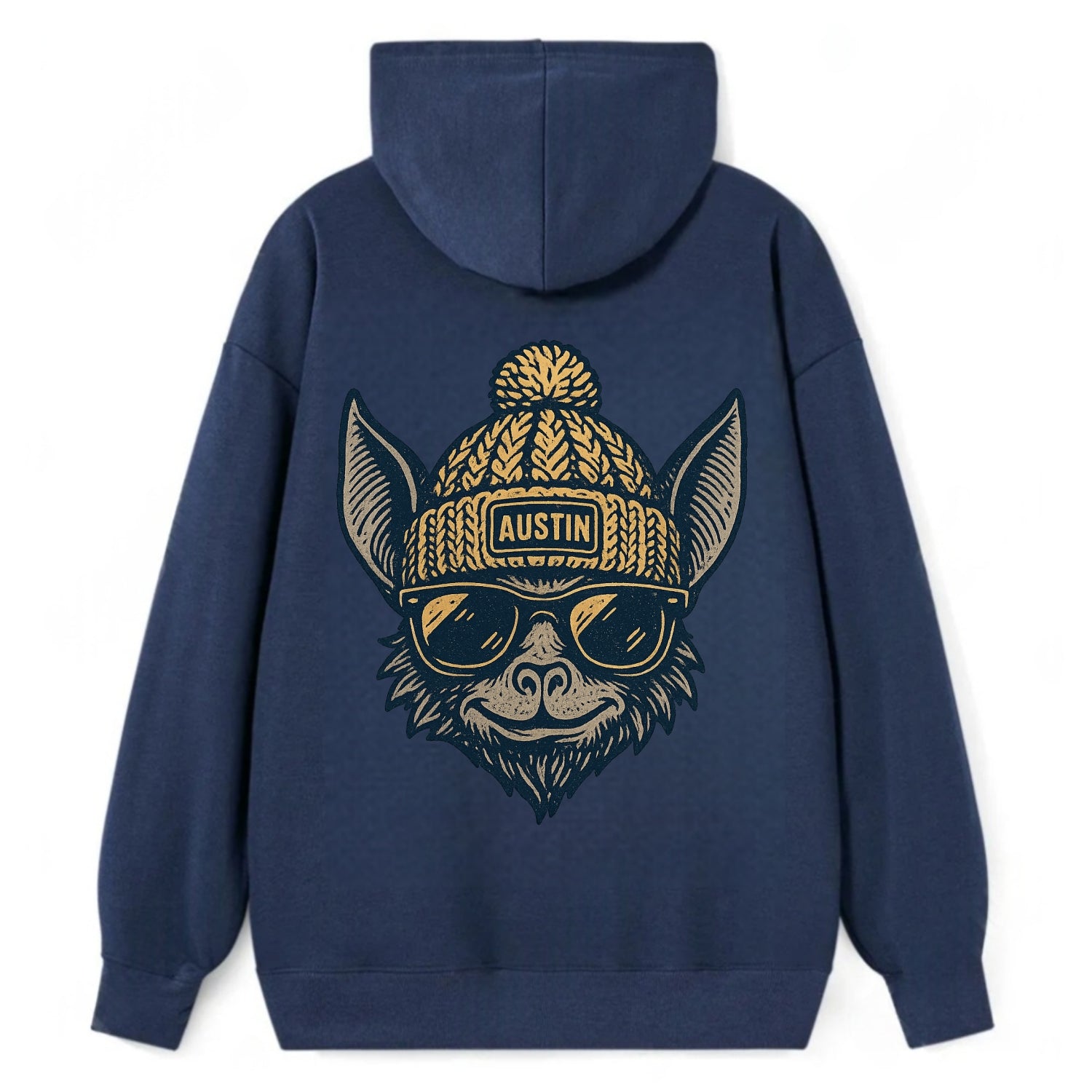 Austin Bat wearing Austin beanie with pom pom and wayfarer sunglasses - Classic Pullover Hoodie - Navy