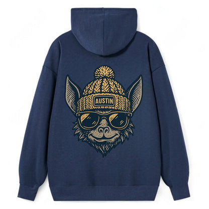 Austin Bat wearing Austin beanie with pom pom and wayfarer sunglasses - Classic Pullover Hoodie - Navy